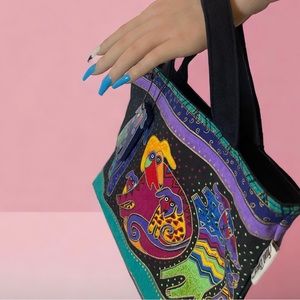 80s Super Cute Colorful  Art Laurel Burch Dog  Lovers Canvas Tote Shoulder Bag